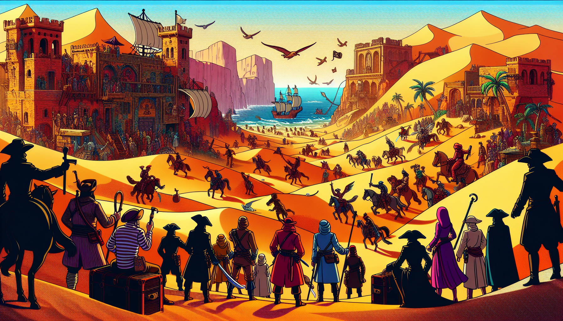 Desert battle scene with pirates near a fortified city, inspired by the Alabasta Arc in One Piece