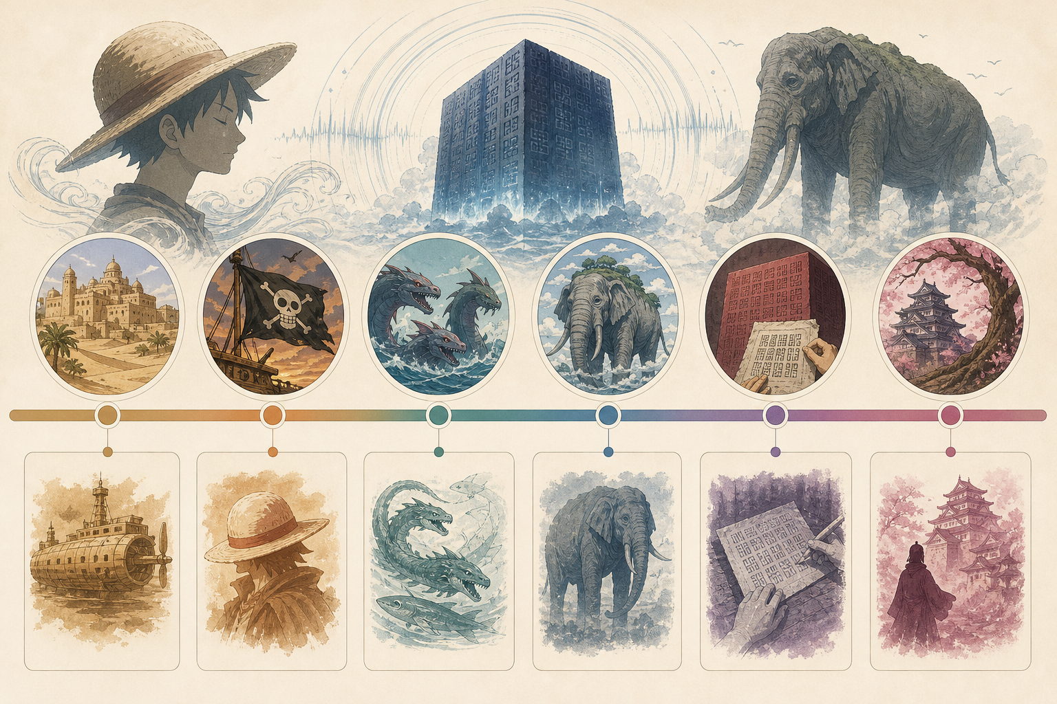 Timeline of One Piece arcs with major Poneglyph and Voice of All Things moments.