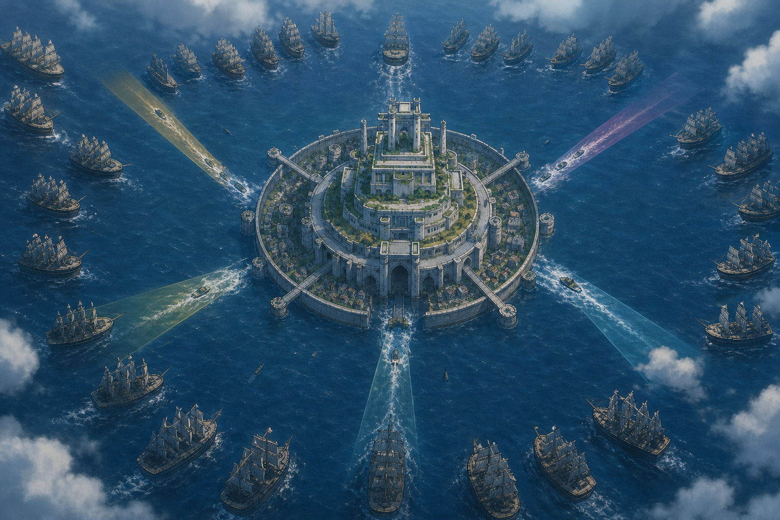 Marine warships surrounding Enies Lobby during a Buster Call