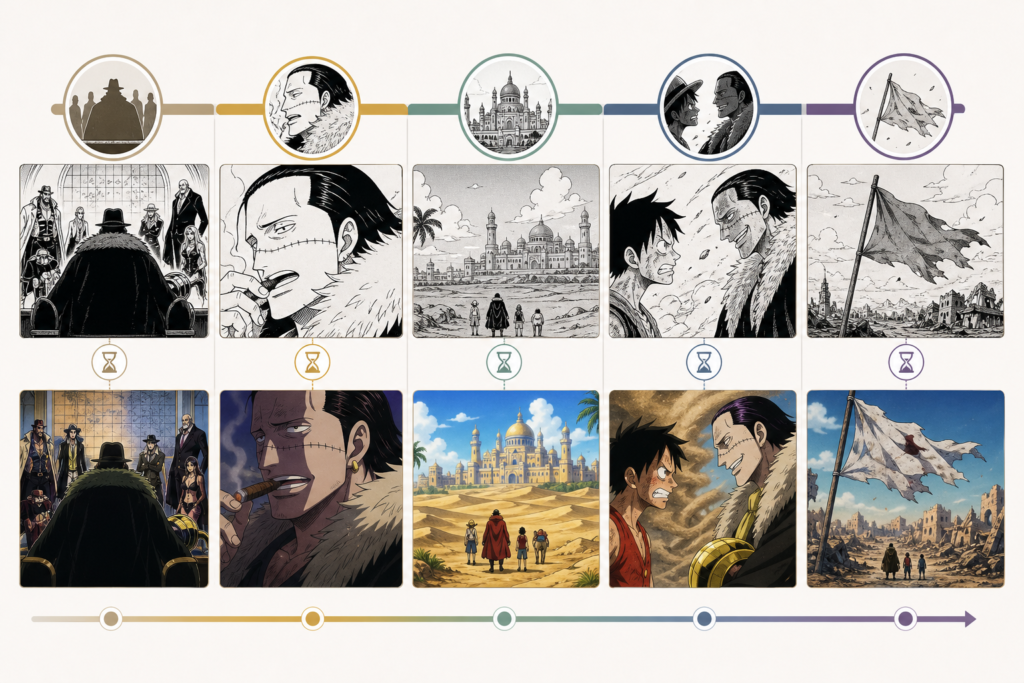 Manga and anime timeline of Crocodile's Baroque Works and Alabasta story