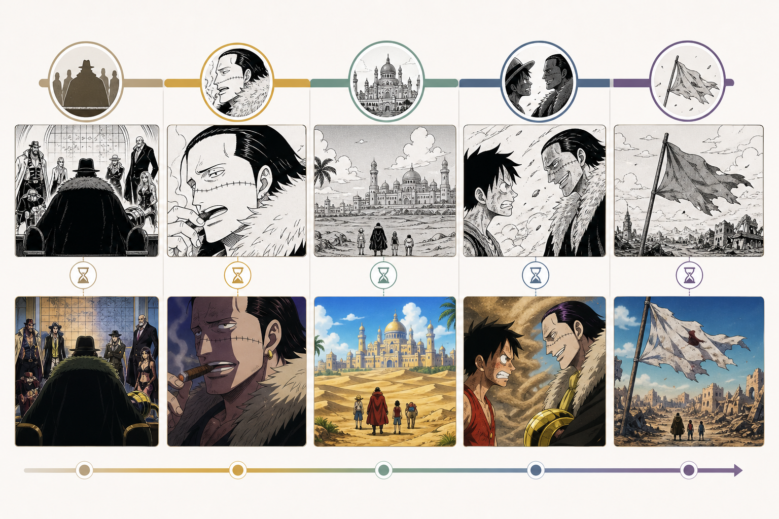 Manga and anime timeline of Crocodile's Baroque Works and Alabasta story