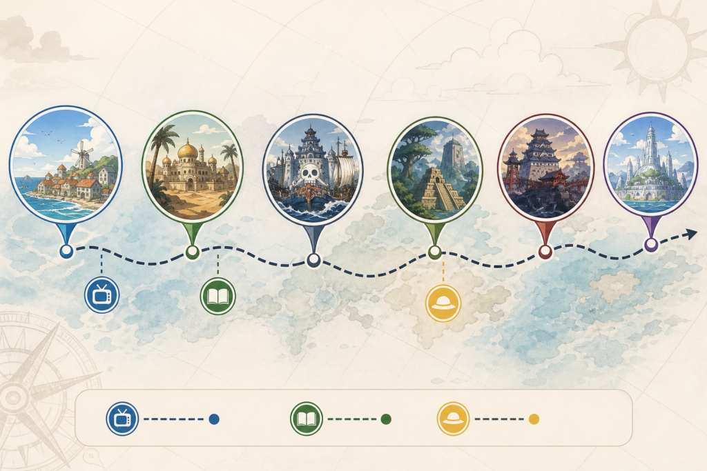 Spoiler-free One Piece arc checkpoint route from East Blue to the current anime story.