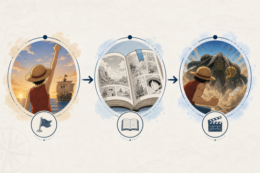 Three-step process for switching from the One Piece anime to the manga at an arc boundary.