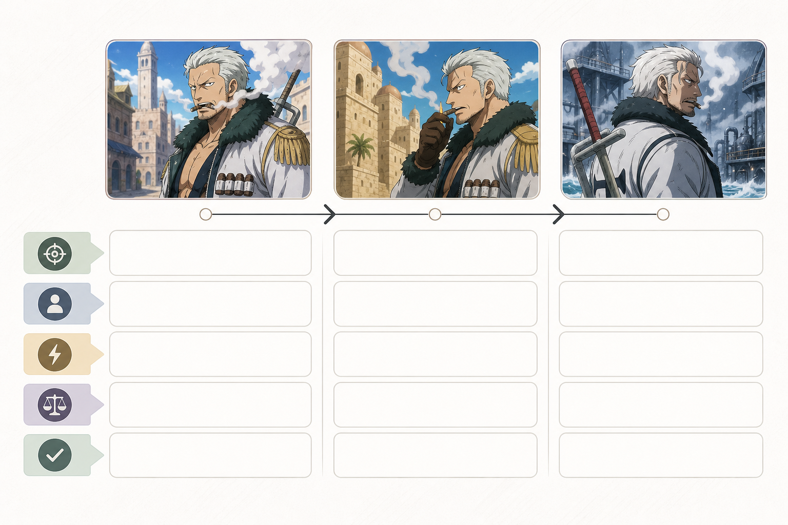 Three-arc Smoker rewatch map with five continuity-note fields.