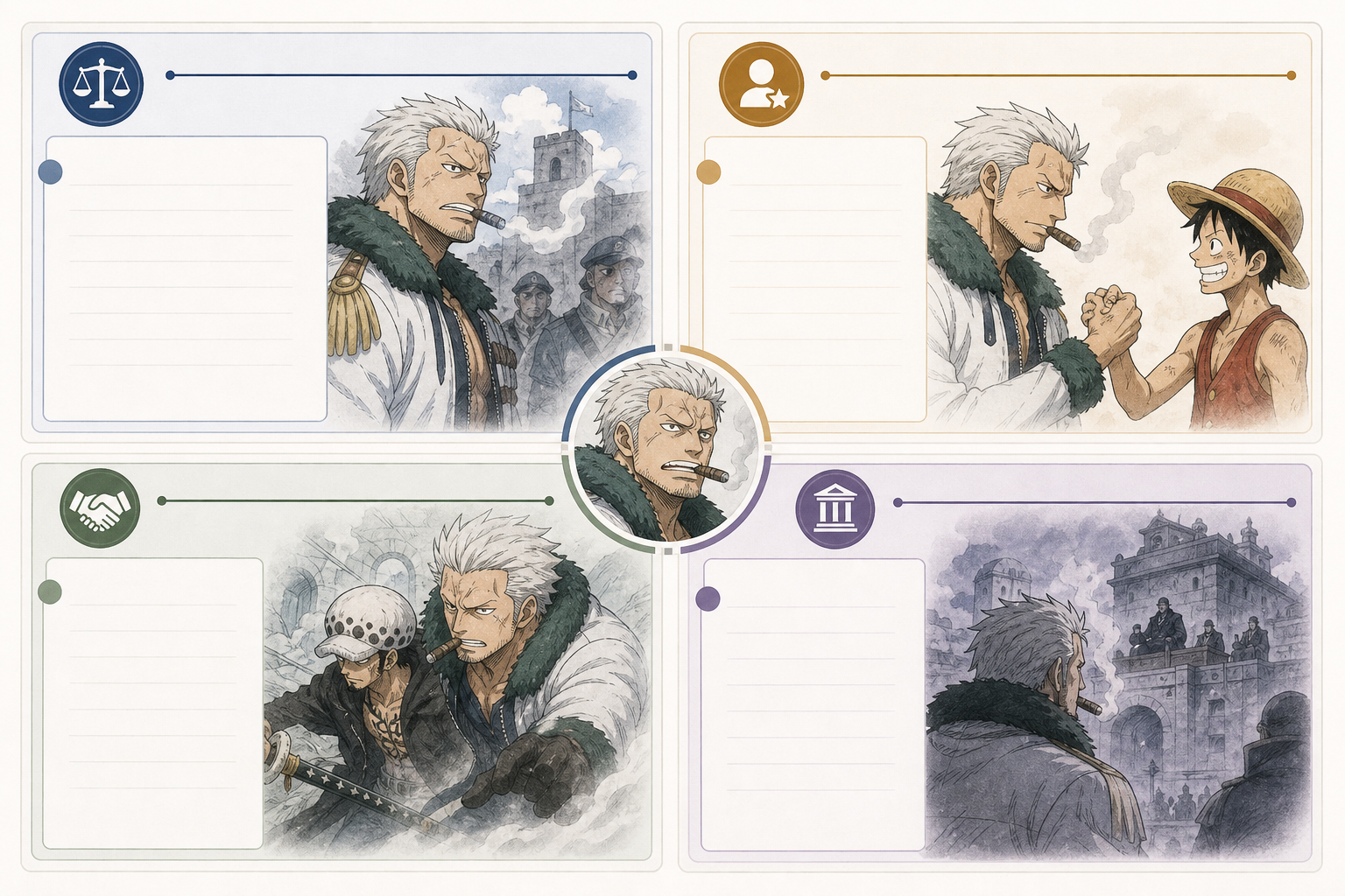 Four note tags for tracking Smoker’s changing stance.