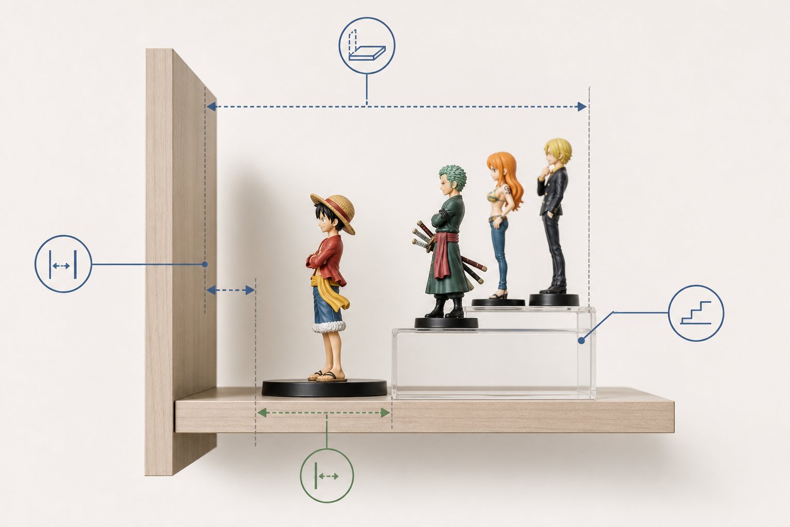 Shelf diagram showing figure base clearance and a two-tier mini figure layout.