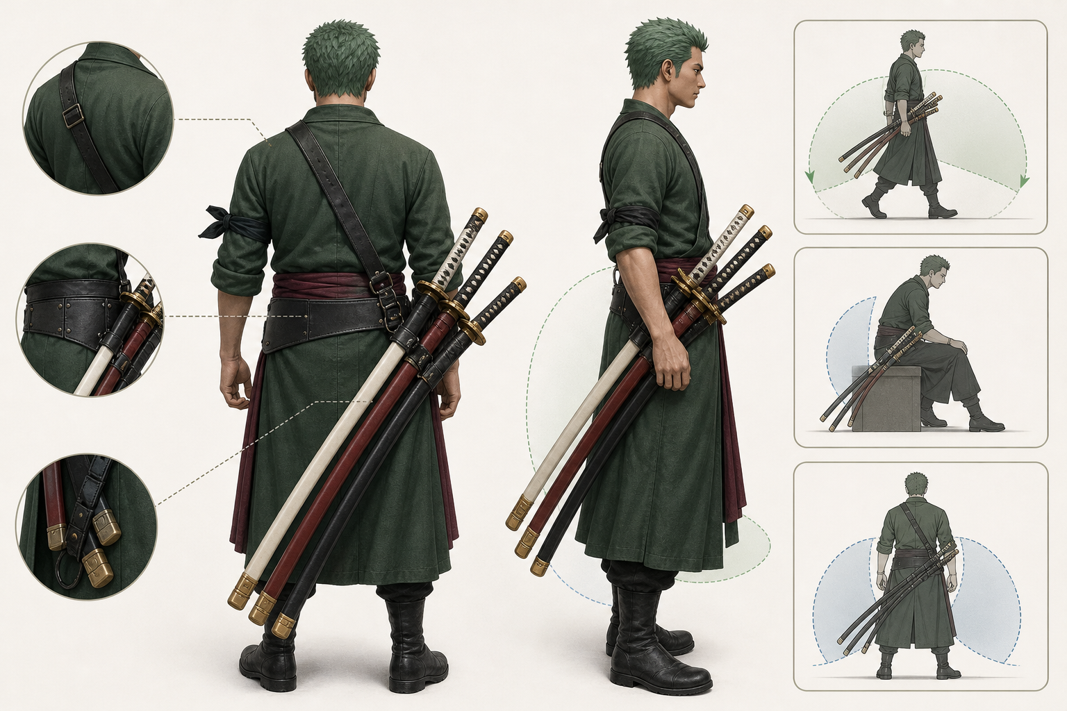 Diagram of a three-sword cosplay carry rig with scabbard placement and support straps.