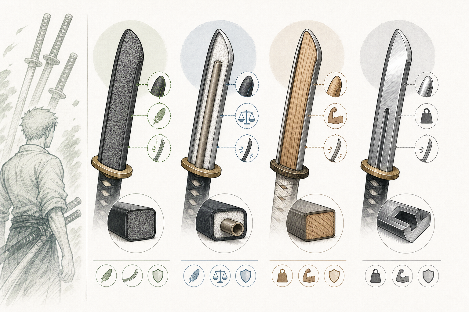 Comparison of foam, foam-core, wood, and metal cosplay sword materials.