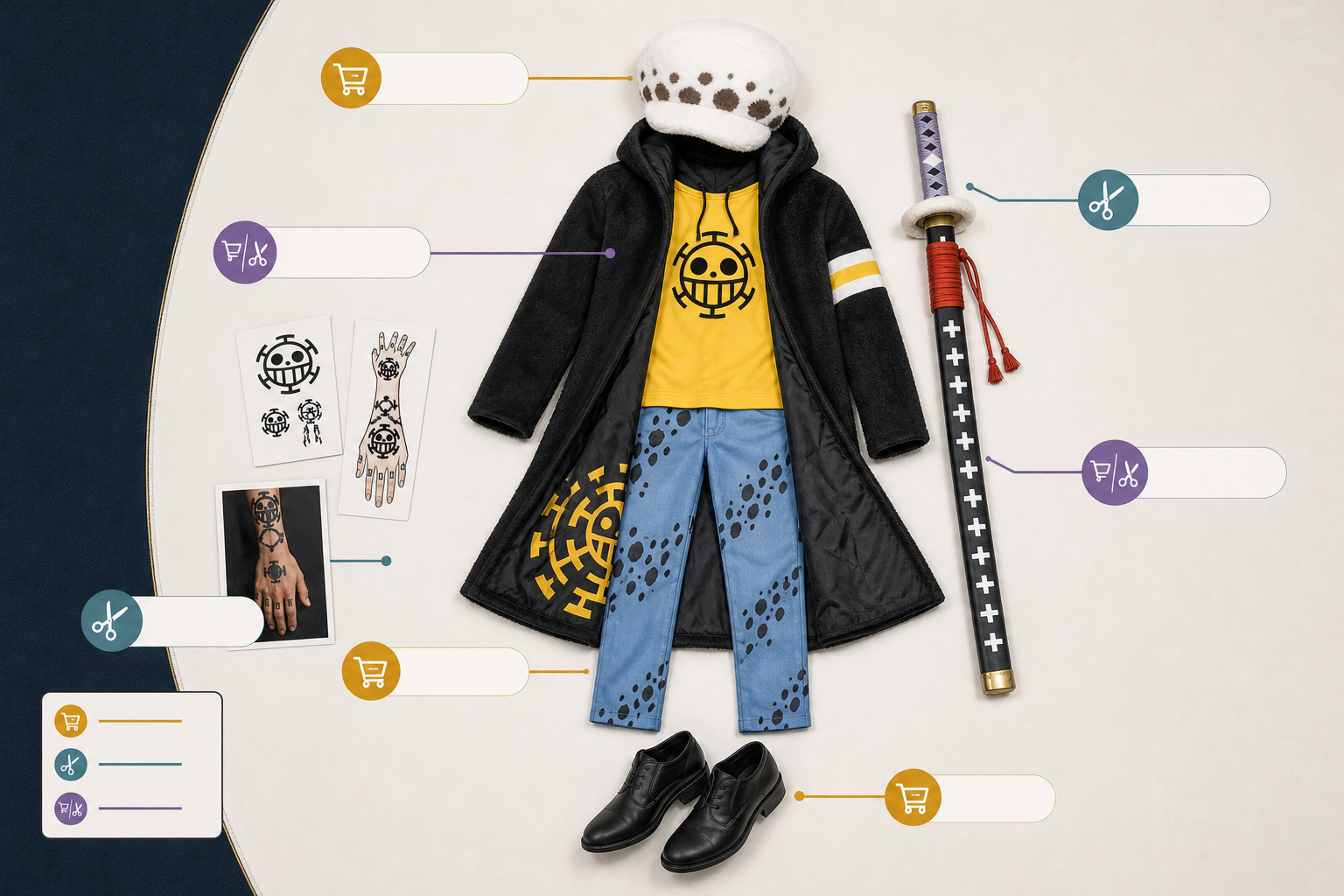 Law cosplay components labeled by buy, DIY, and hybrid build choices.
