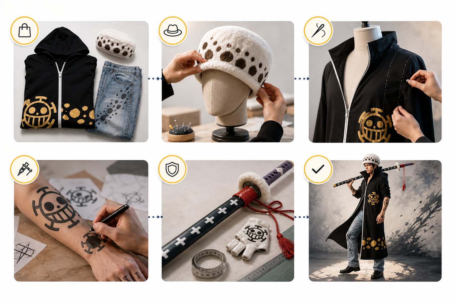 Six-step hybrid cosplay build checklist from base outfit to dress rehearsal.