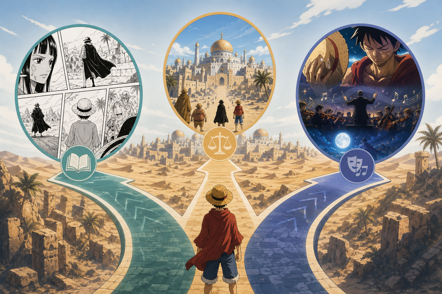 Three viewing and reading routes for experiencing the Alabasta arc.