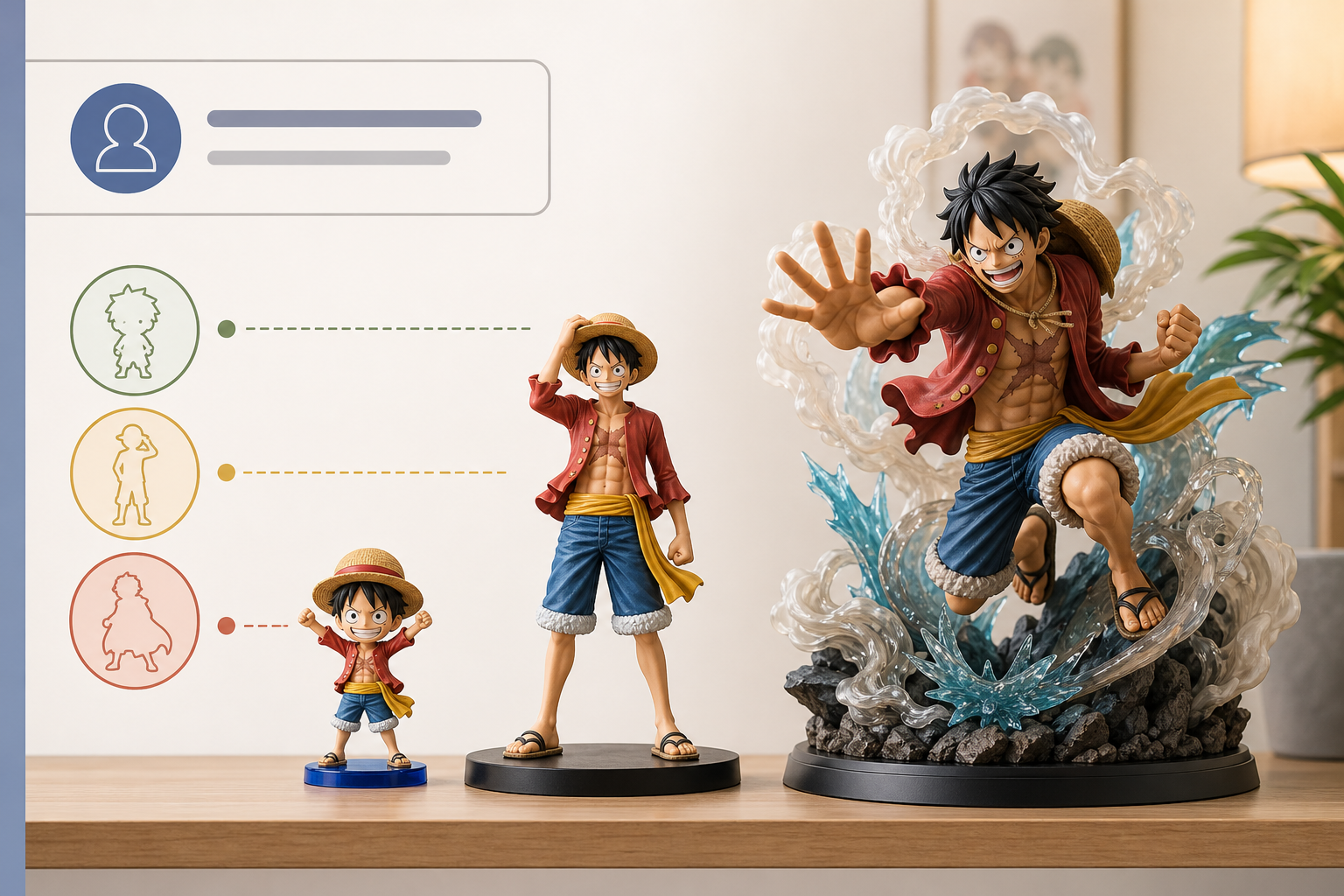 Illustration comparing compact, standard, and larger One Piece figure display styles.