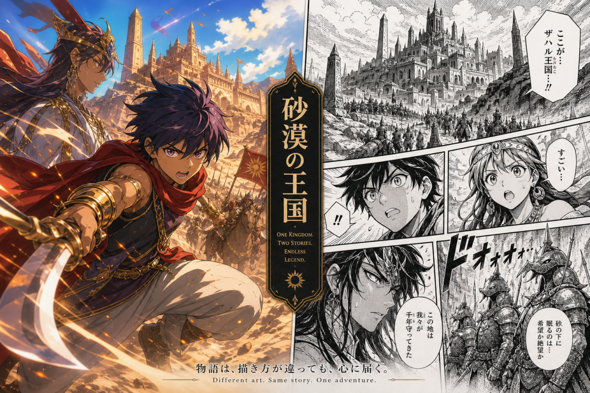 Split scene showcasing anime vs manga pacing for Alabasta: vibrant anime desert battle on one side, detailed manga panel on the other.