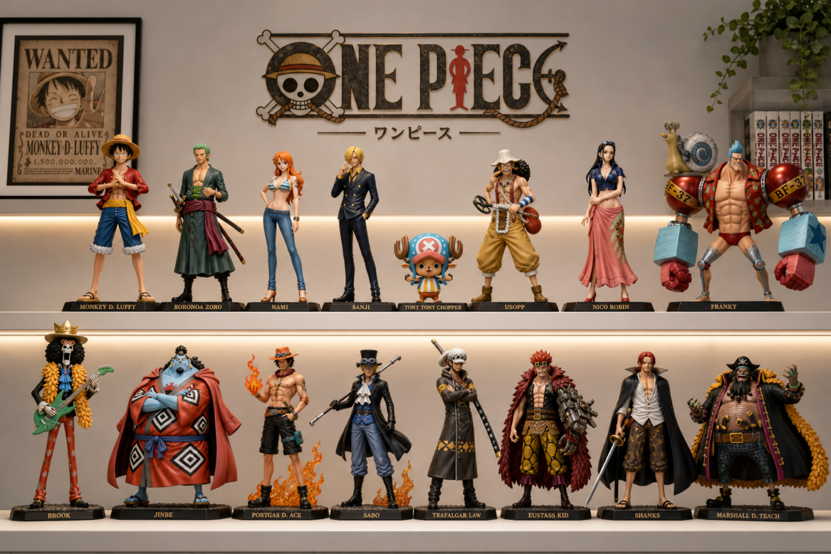 Sleek display of detailed One Piece figures on a minimalist shelf, ideal for learning how to choose a starter One Piece figure.