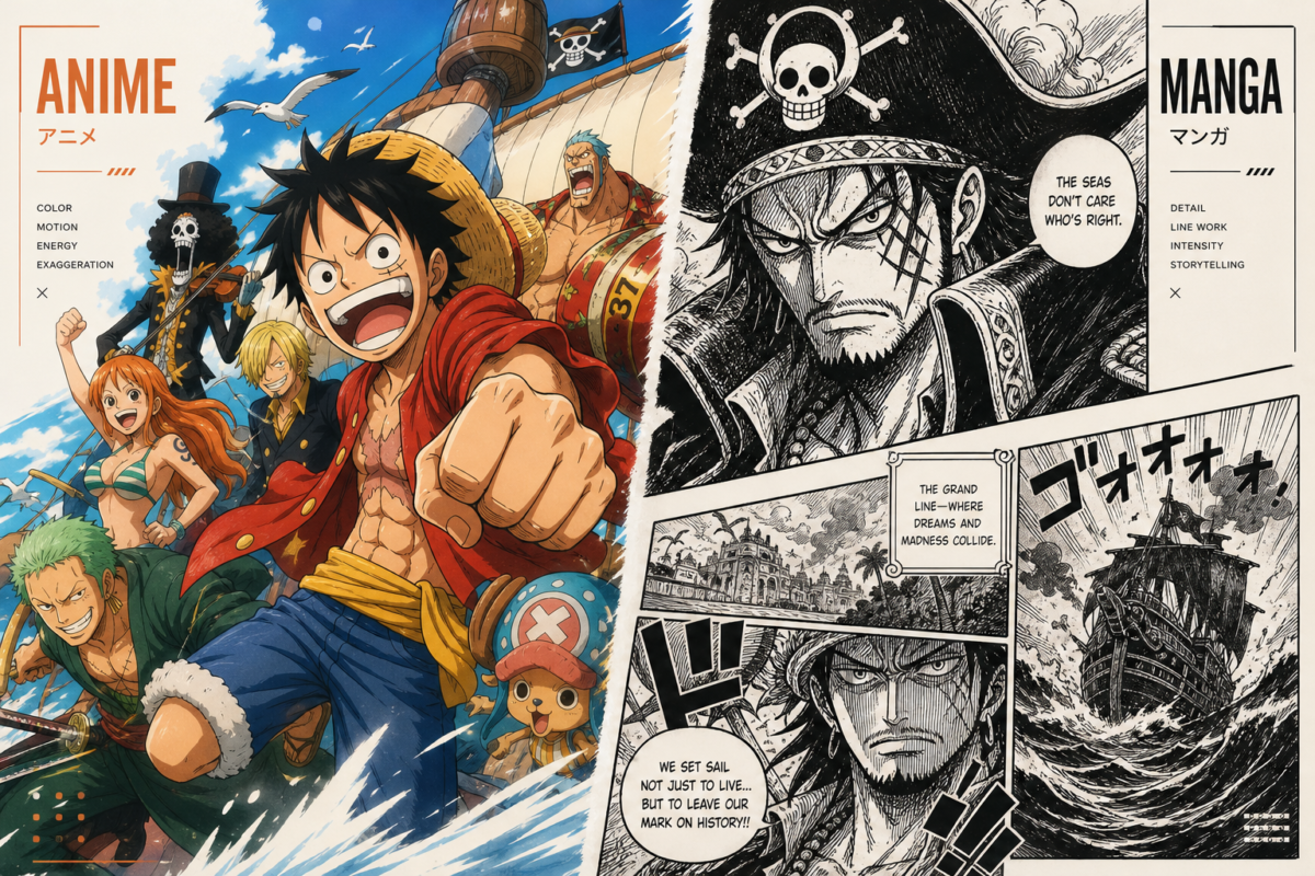 Split-screen image contrasting vibrant anime scene with dynamic expressions and intricate manga panel, illustrating how to compare anime and manga character portrayals in a pirate adventure style.