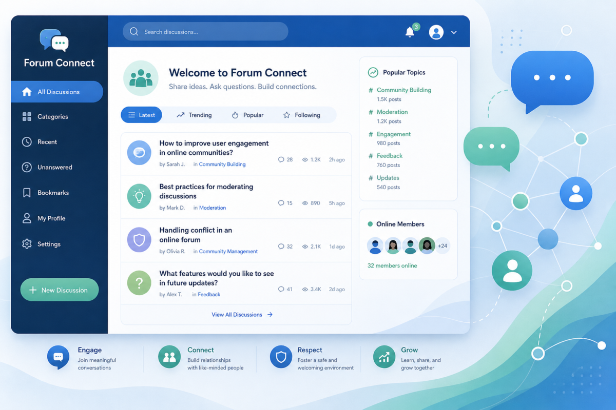 Abstract digital forum image with speech bubbles, nodes, and minimalist interface elements in blues and greens, symbolizing "how to read chapter discussion posts."