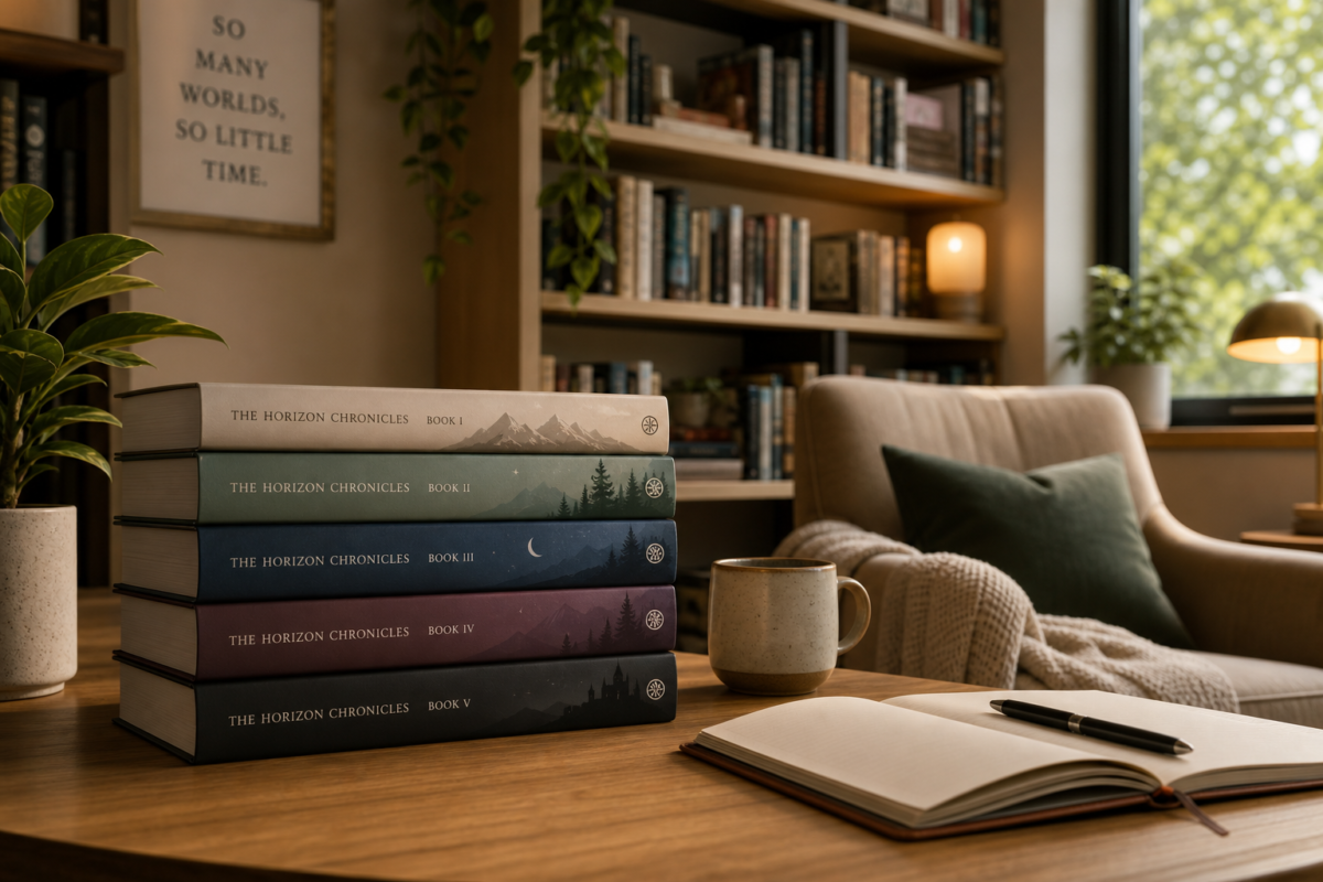 Serene library with cozy nook, stack of abstract books, warm lighting, and plant. Discover how to read Robin Ohara story in order.