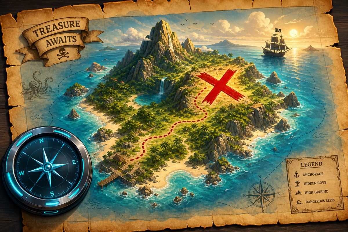 Stylized treasure map with vibrant island, large X, futuristic compass, and pirate sails; captures One Piece live action changes worth it.