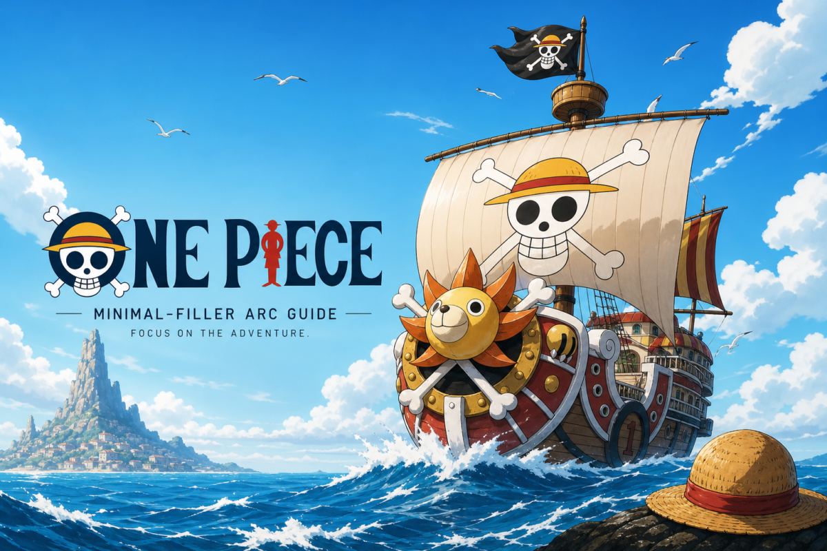 Modern-styled "One Piece" ship sails vibrant seas under clear sky; subtle straw hat and pirate flag hint at a minimal-filler arc guide.