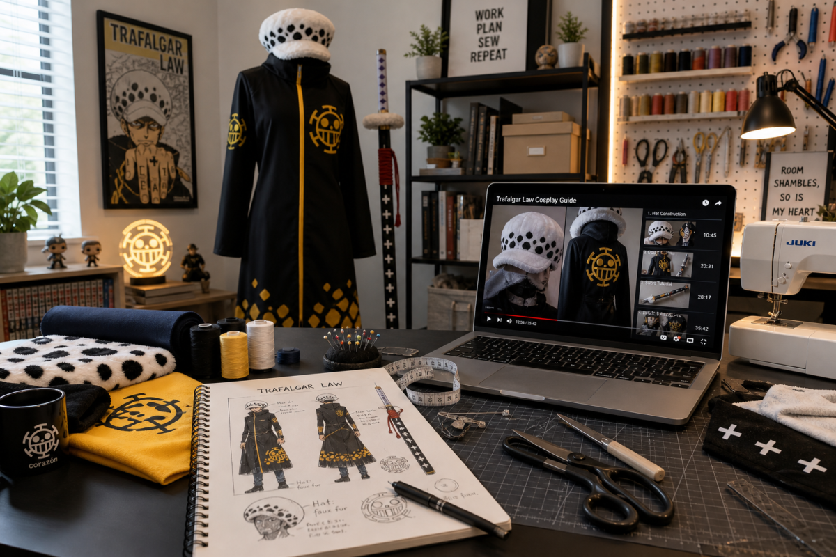 Modern workspace with cosplay materials on a sleek desk, featuring a Trafalgar Law costume in progress. Perfect for "Trafalgar Law cosplay buy or DIY" enthusiasts.