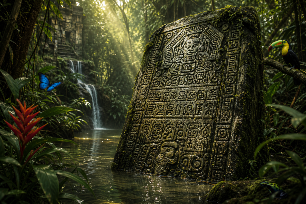 Ancient stone tablet with intricate carvings in a lush jungle, hinting at the "voice of all things can hear poneglyphs" mystery.