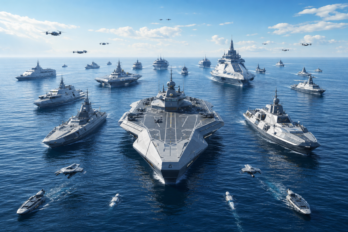 Futuristic naval fleet in formation on a calm ocean, showcasing advanced ships under a clear blue sky, illustrating the concept of "what is the buster call outside Ohara."