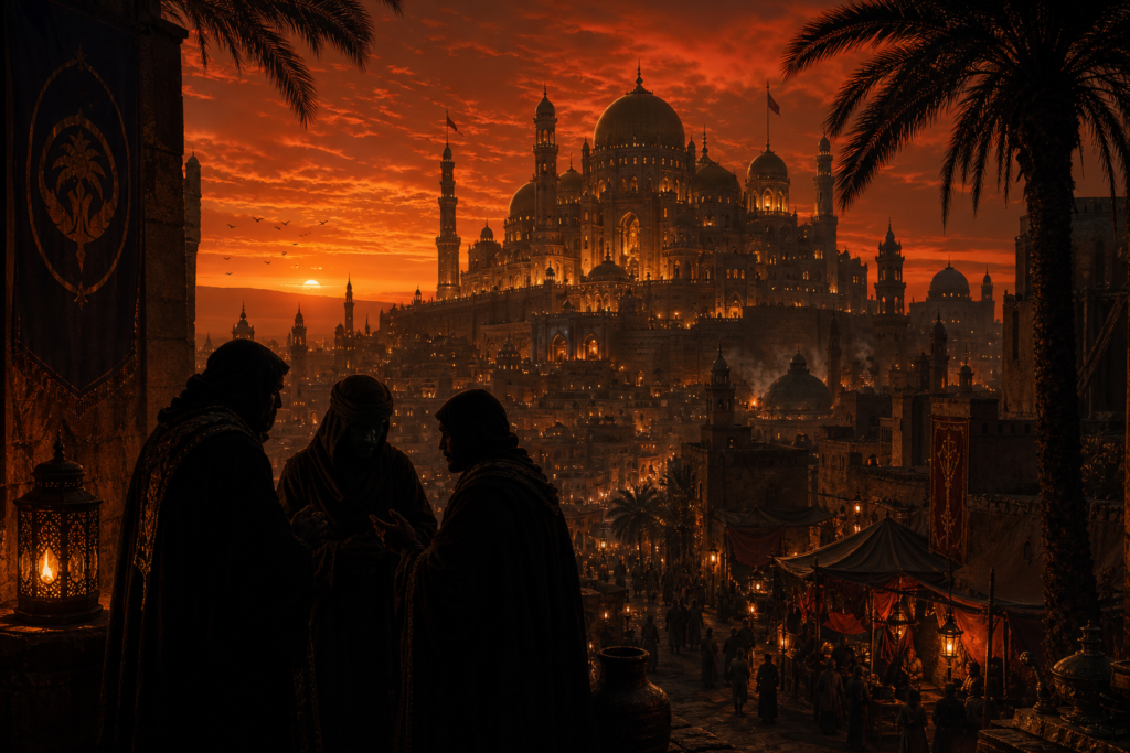 Fictional desert city at dusk with illuminated palace; cloaked figures in secretive talk, evoking Alabasta's political thriller vibe.