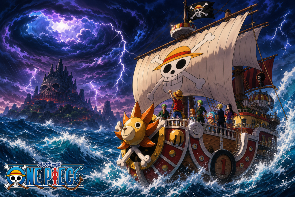 Dynamic pirate ship battles turbulent seas under a dramatic sky in One Piece world; hints at changes abolishing Shichibukai could bring.