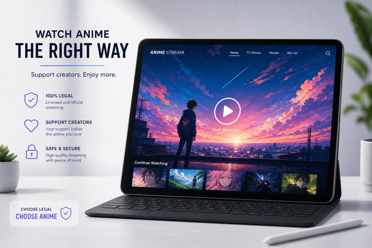 Sleek tablet displaying vibrant anime scene with streaming icons, highlighting where to watch One Piece legally. Minimalist background.