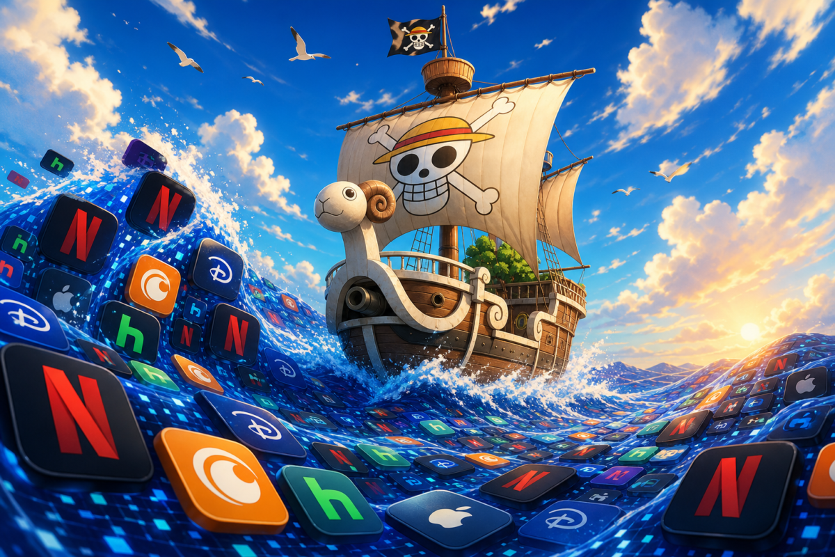 A vibrant pirate ship sails a digital ocean of streaming service icons like Netflix and Hulu, embodying "which streaming service fits your One Piece goals."