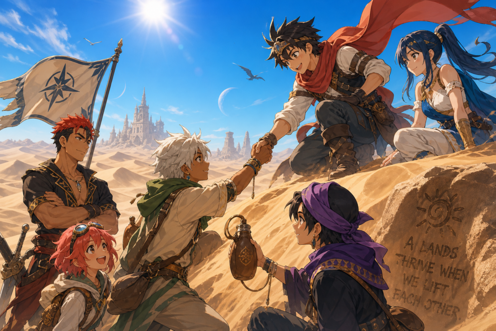 Vibrant desert landscape with anime characters demonstrating teamwork and adventure, embodying "why the crew helps in Alabasta" themes.